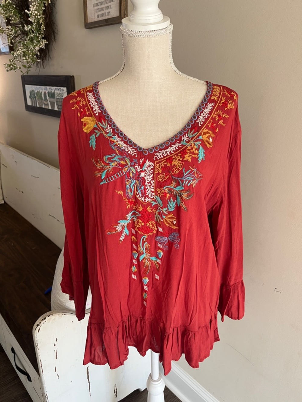 Embroidered V-Neck burnt orange Women's Top